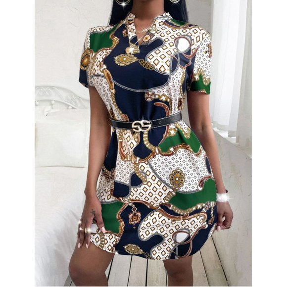 Chain Print Notched Neck Dress Without Belt - Picture 1 of 7